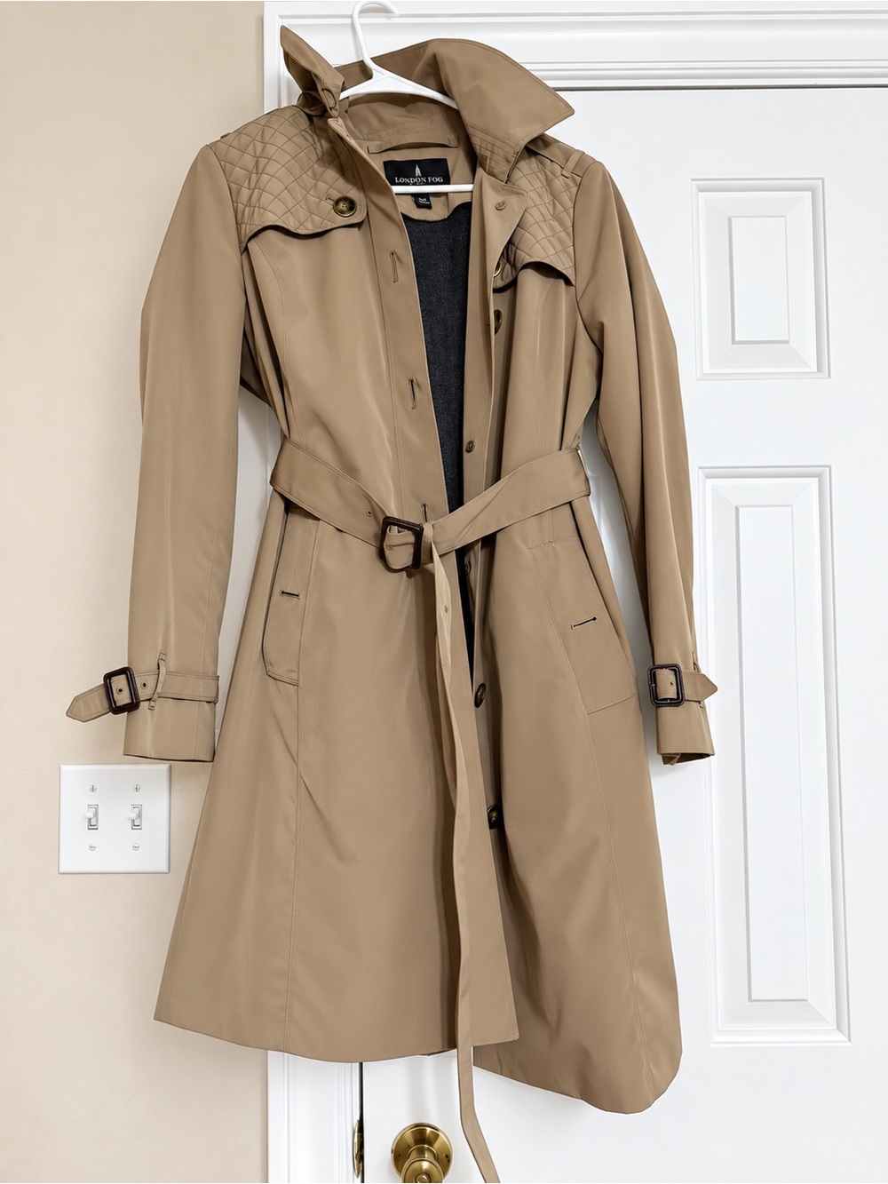 London Fog Hooded Trench Coat in Taupe with Belt
